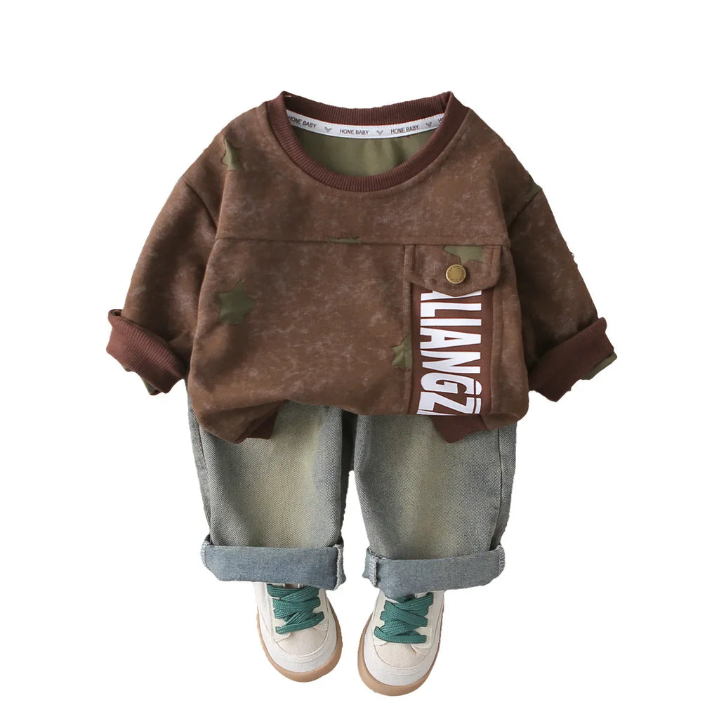 2025 Spring Autumn New Style Boys Clothing Sets Little Boys Casual Sportswear with Star Sweatshirt Jeans Jersey Letter Design