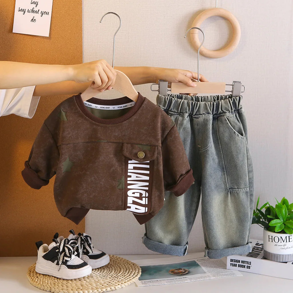2025 Spring Autumn New Style Boys Clothing Sets Little Boys Casual Sportswear with Star Sweatshirt Jeans Jersey Letter Design