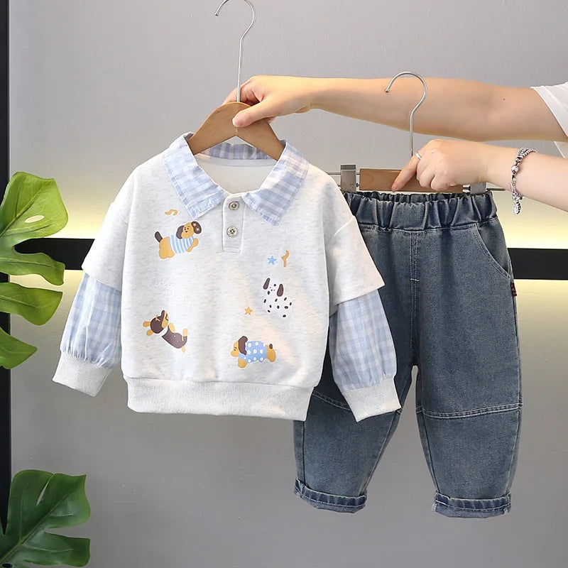 2025 Boys' Cute Double-Sleeve Puppy Sweatshirt and Trendy Two-Piece Spring Clothes for Babies New Casual Set for Kids in Autumn