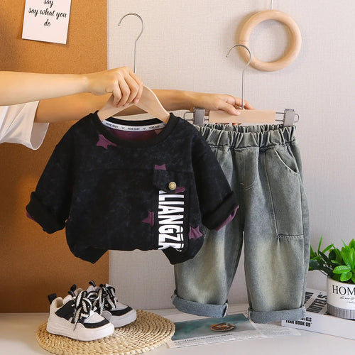 2025 Spring Autumn New Style Boys Clothing Sets Little Boys Casual Sportswear with Star Sweatshirt Jeans Jersey Letter Design