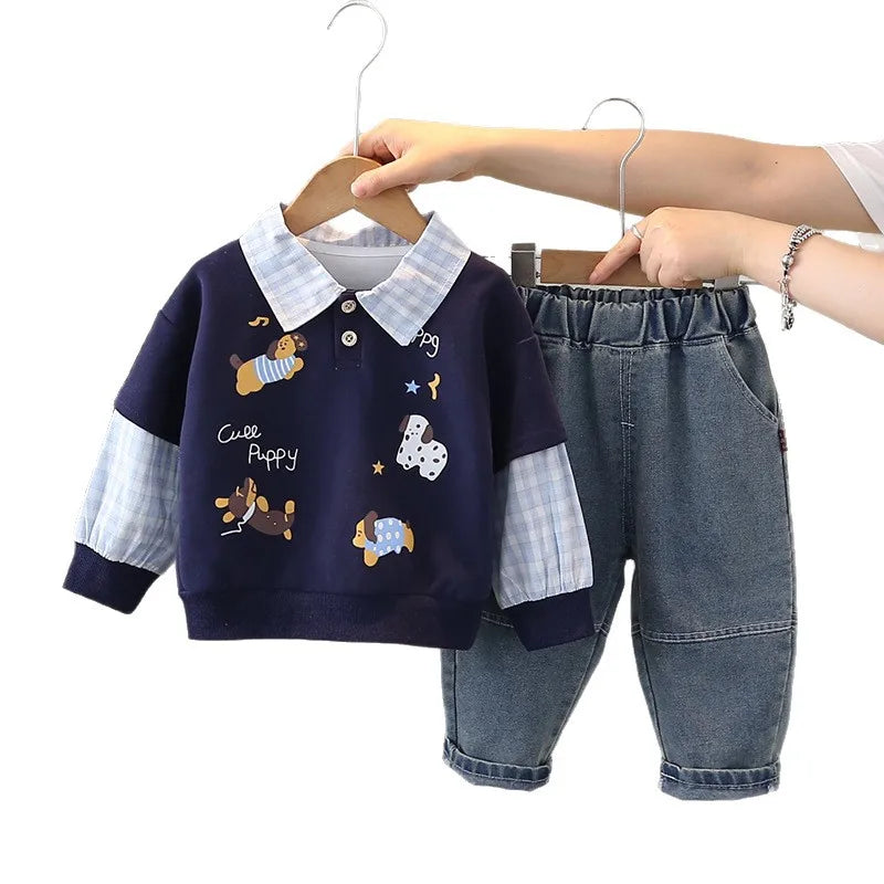 2025 Boys' Cute Double-Sleeve Puppy Sweatshirt and Trendy Two-Piece Spring Clothes for Babies New Casual Set for Kids in Autumn