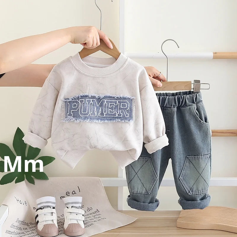 2025 New Stylish Casual Boys' Sweatshirt Set for Spring and Autumn Long Sleeve Two-Piece with Letter Patch for Baby Boys