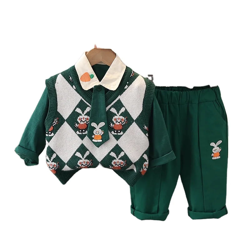 Factory Price Kids Sweater Suit 1-5 Years Boys Winter Clothes Set Cartoon Pattern 3 Piece Sets Children Knit Vest Wholesale