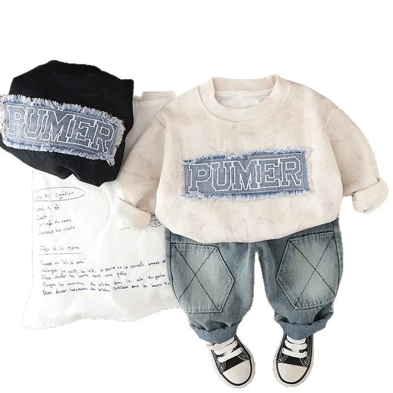 2025 New Stylish Casual Boys' Sweatshirt Set for Spring and Autumn Long Sleeve Two-Piece with Letter Patch for Baby Boys