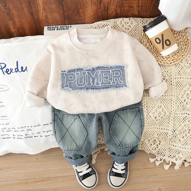 2025 New Stylish Casual Boys' Sweatshirt Set for Spring and Autumn Long Sleeve Two-Piece with Letter Patch for Baby Boys