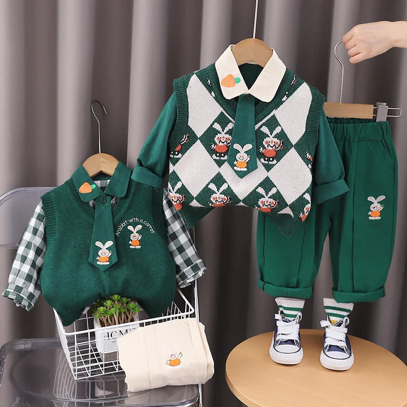 Factory Price Kids Sweater Suit 1-5 Years Boys Winter Clothes Set Cartoon Pattern 3 Piece Sets Children Knit Vest Wholesale