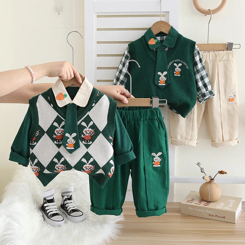 Factory Price Kids Sweater Suit 1-5 Years Boys Winter Clothes Set Cartoon Pattern 3 Piece Sets Children Knit Vest Wholesale