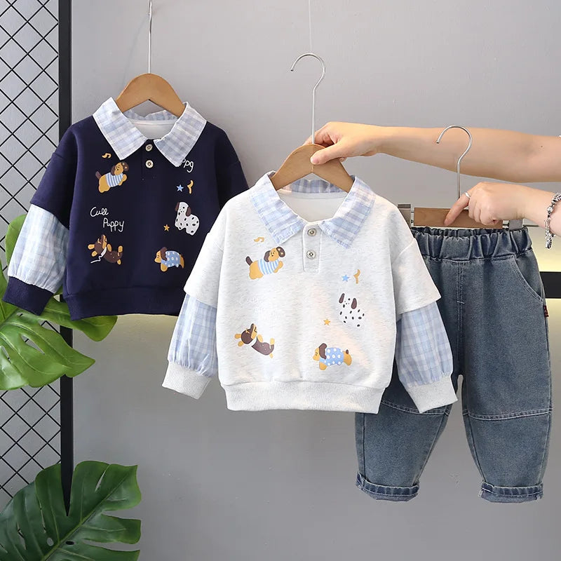 2025 Boys' Cute Double-Sleeve Puppy Sweatshirt and Trendy Two-Piece Spring Clothes for Babies New Casual Set for Kids in Autumn