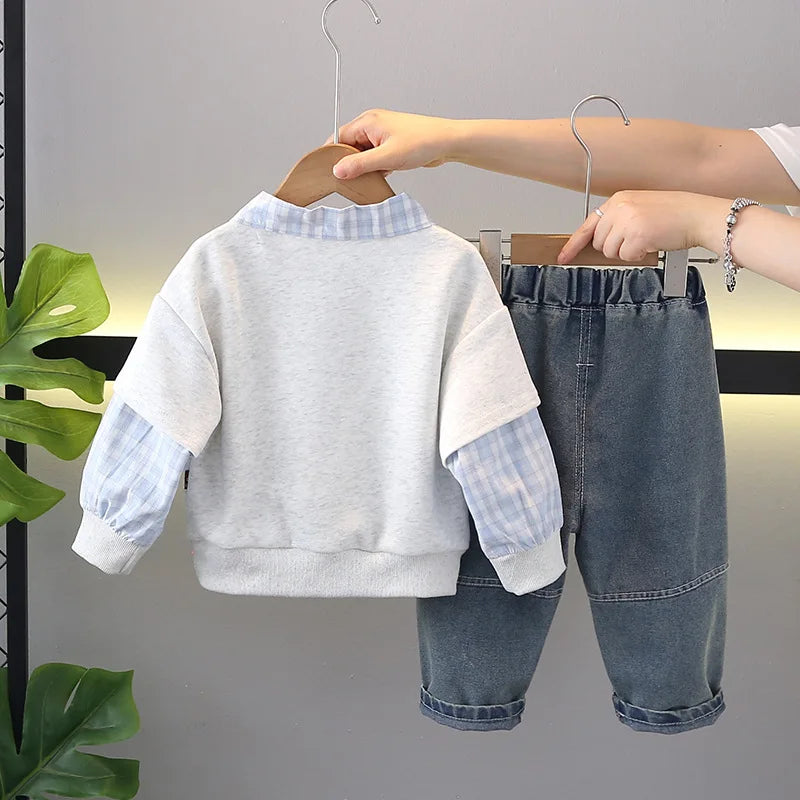 2025 Boys' Cute Double-Sleeve Puppy Sweatshirt and Trendy Two-Piece Spring Clothes for Babies New Casual Set for Kids in Autumn