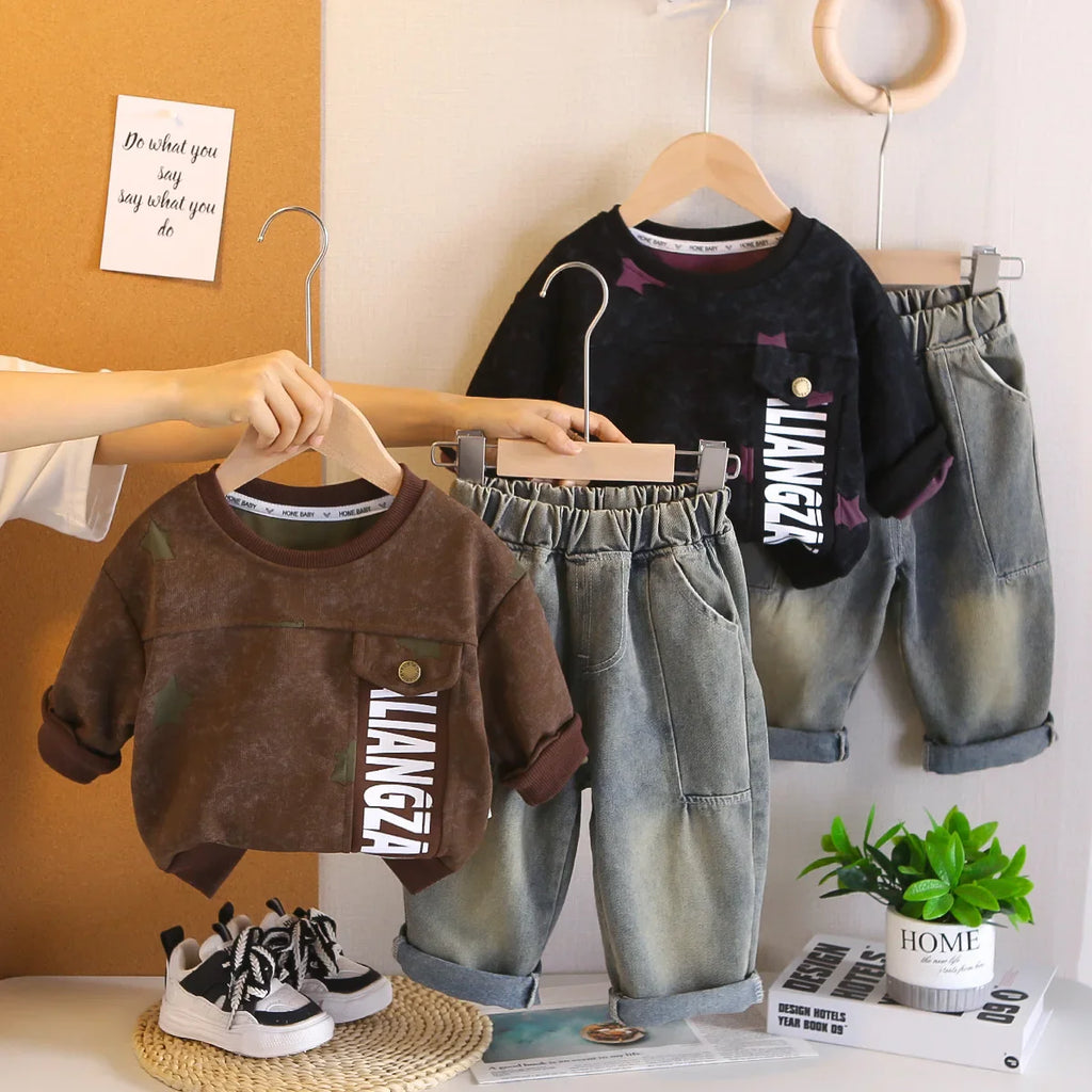 2025 Spring Autumn New Style Boys Clothing Sets Little Boys Casual Sportswear with Star Sweatshirt Jeans Jersey Letter Design