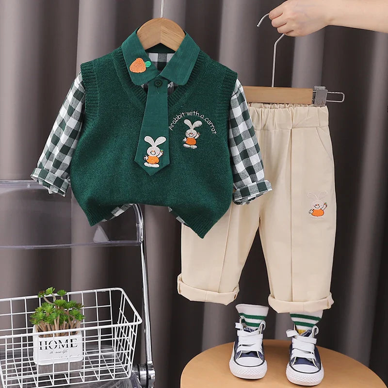 Factory Price Kids Sweater Suit 1-5 Years Boys Winter Clothes Set Cartoon Pattern 3 Piece Sets Children Knit Vest Wholesale
