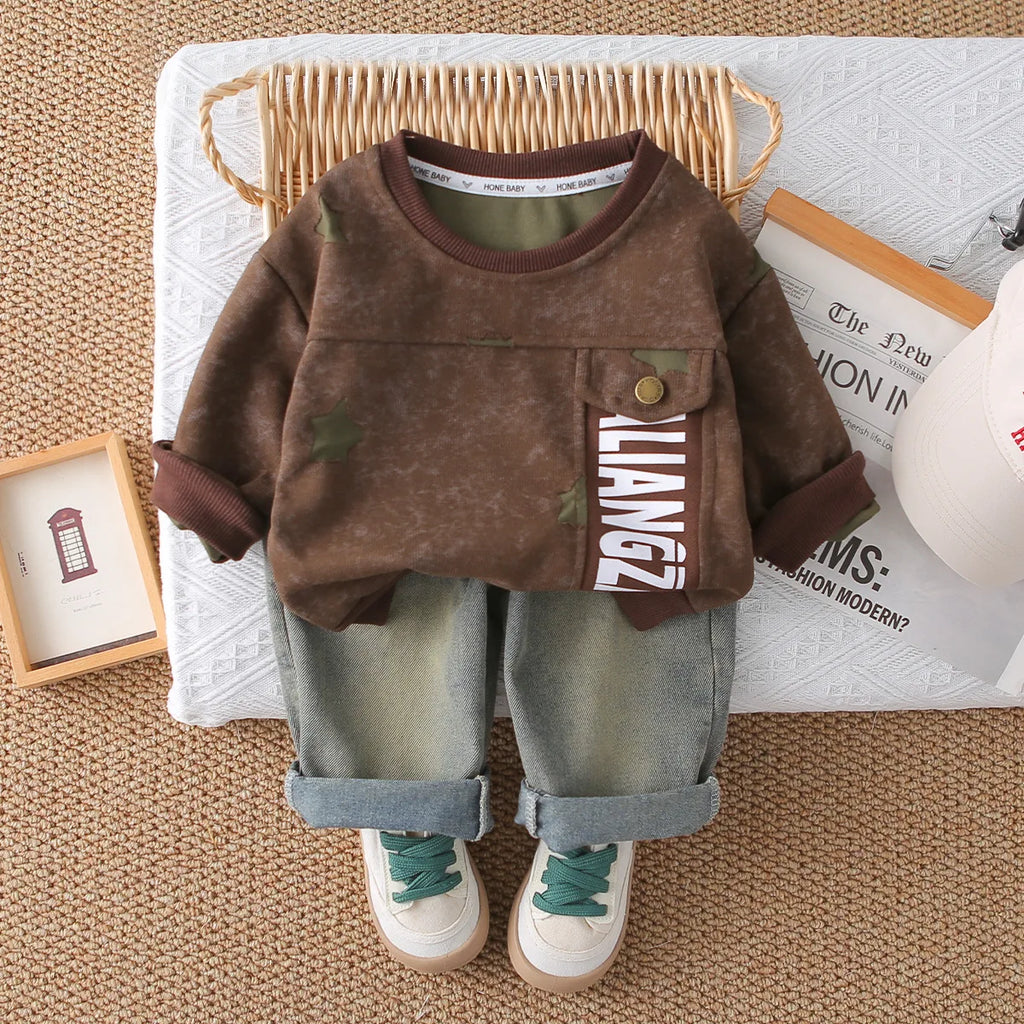 2025 Spring Autumn New Style Boys Clothing Sets Little Boys Casual Sportswear with Star Sweatshirt Jeans Jersey Letter Design