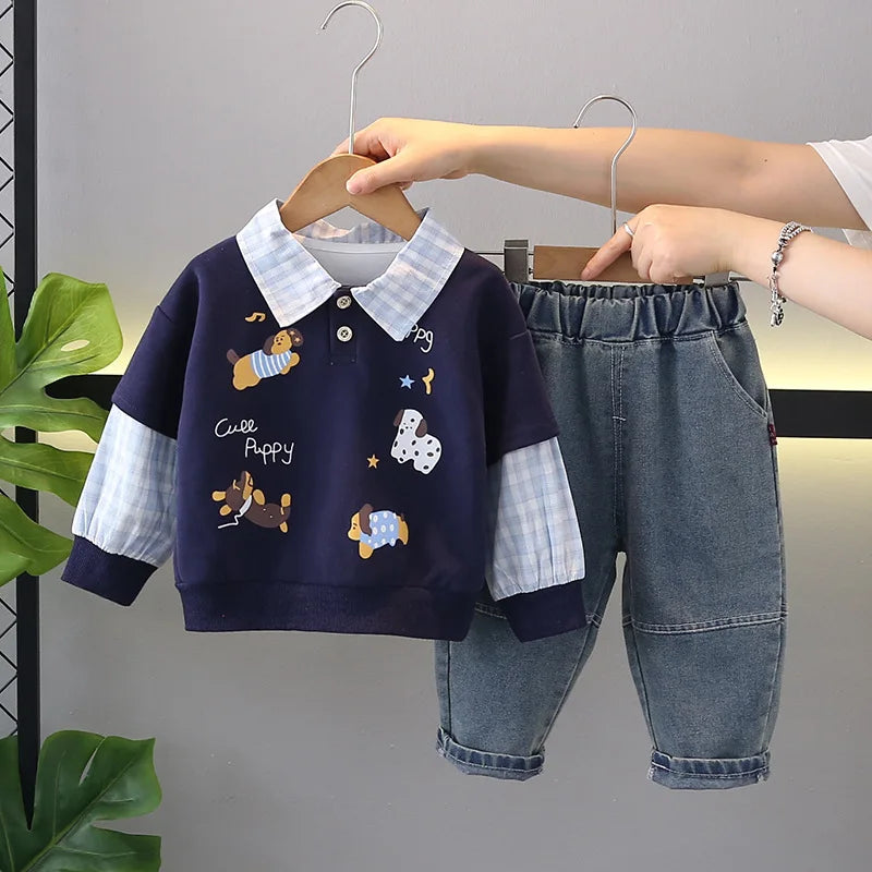 2025 Boys' Cute Double-Sleeve Puppy Sweatshirt and Trendy Two-Piece Spring Clothes for Babies New Casual Set for Kids in Autumn