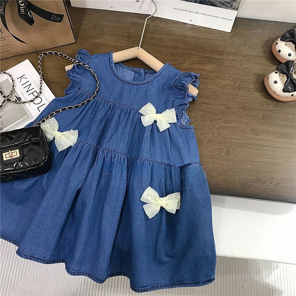 Three tier bow denim dress