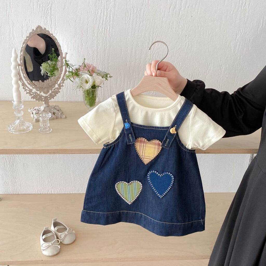 Heart denim dungaree dress and tshirt premium set