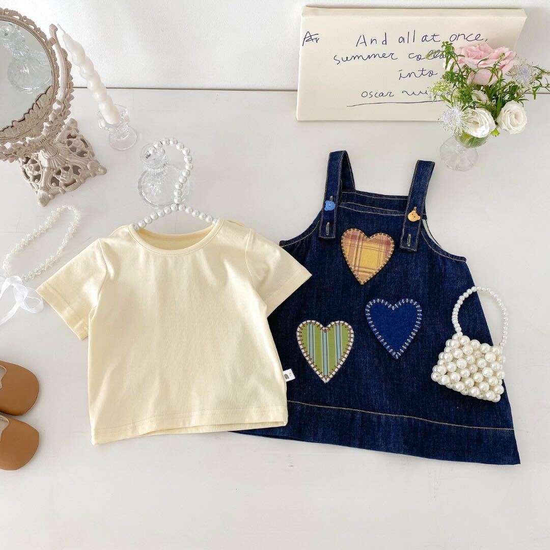 Heart denim dungaree dress and tshirt premium set