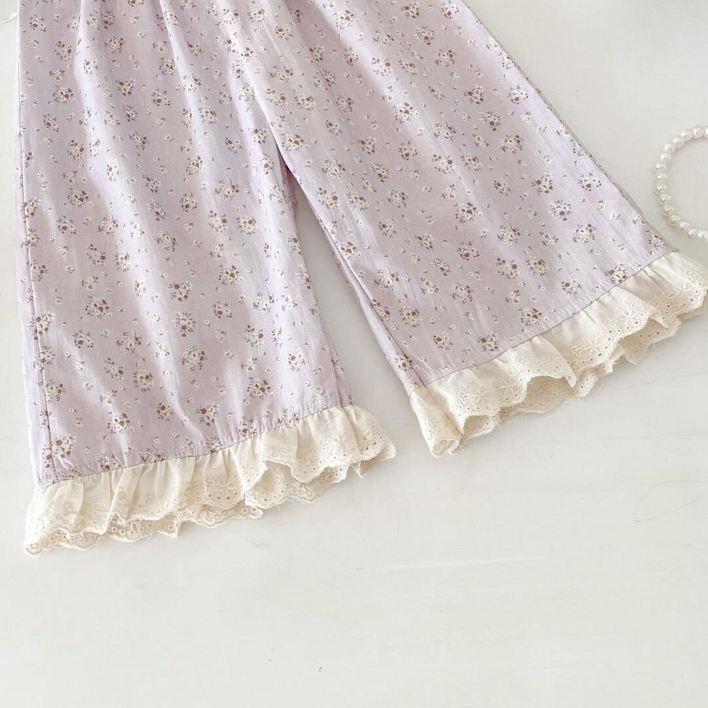 Embroidered top and printed lace pants premium set