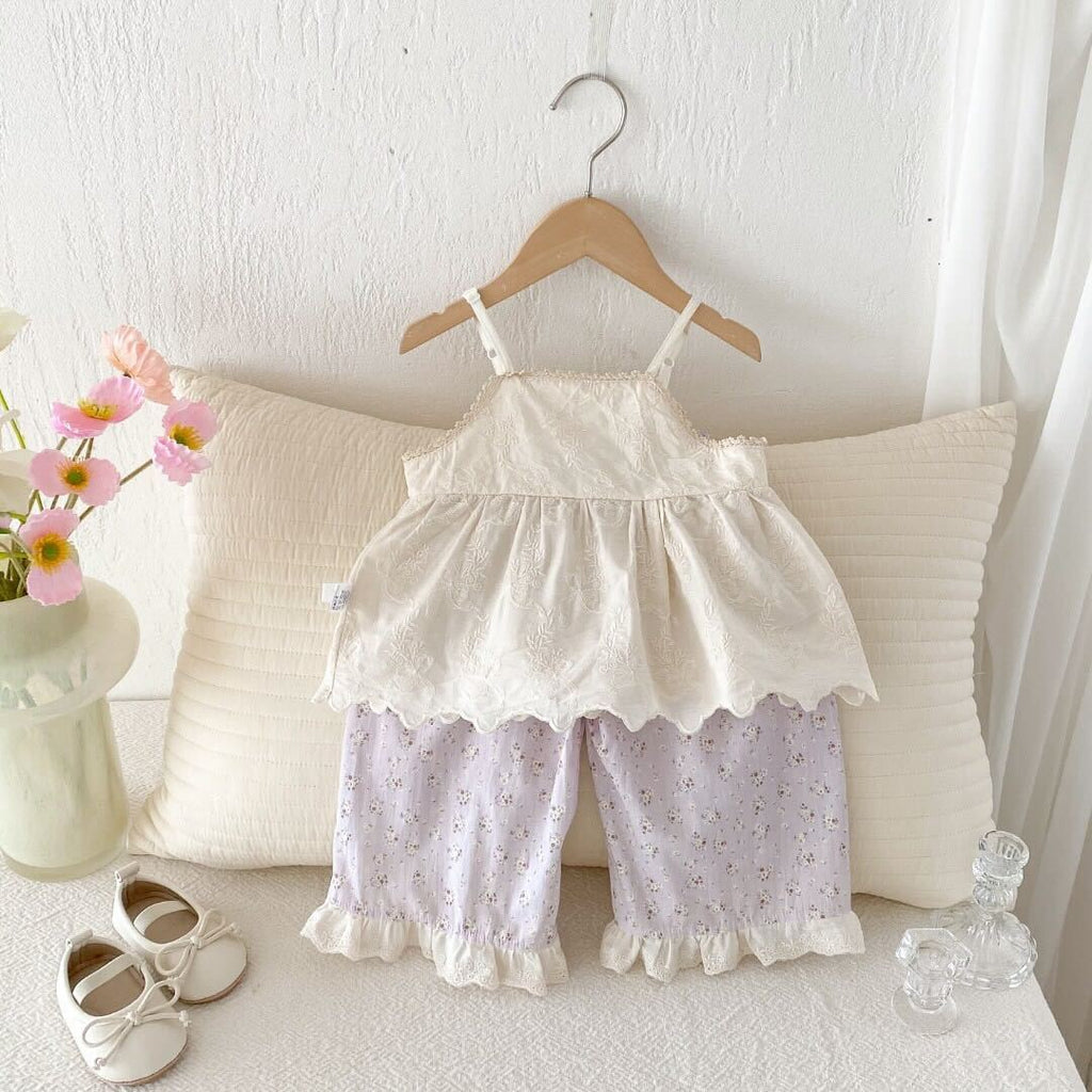 Embroidered top and printed lace pants premium set