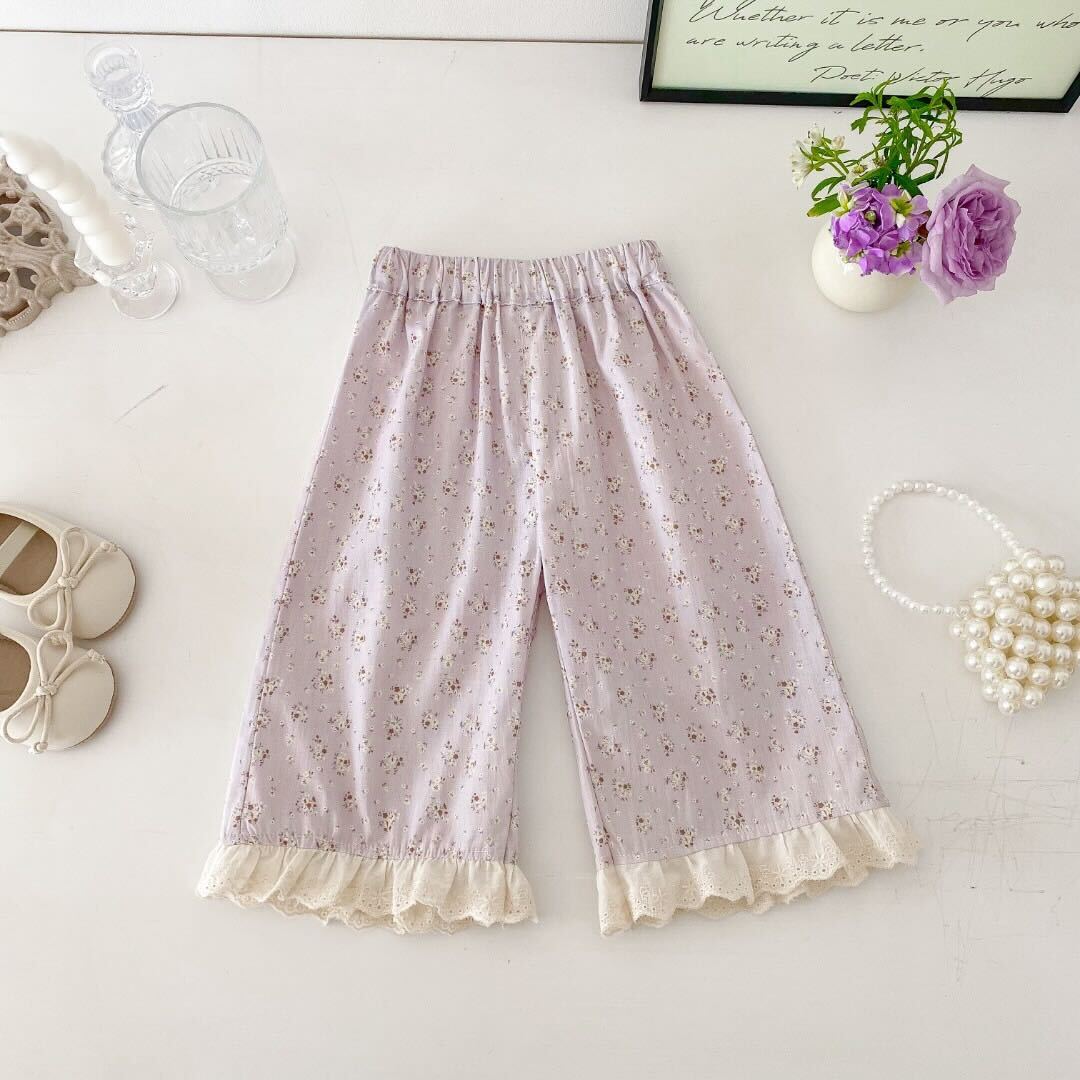 Embroidered top and printed lace pants premium set