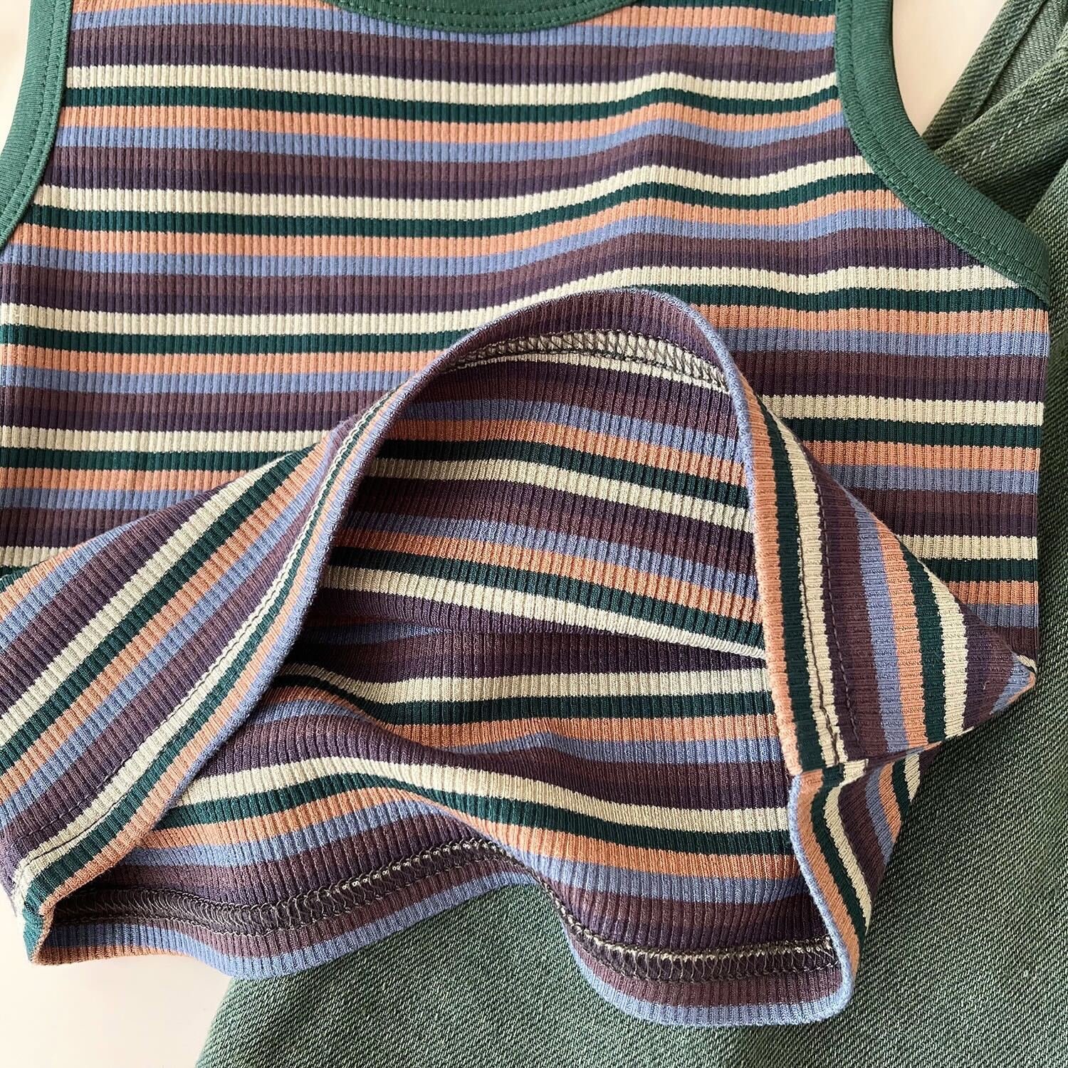 Striped sleeveless tee and denim pocket dungaree set