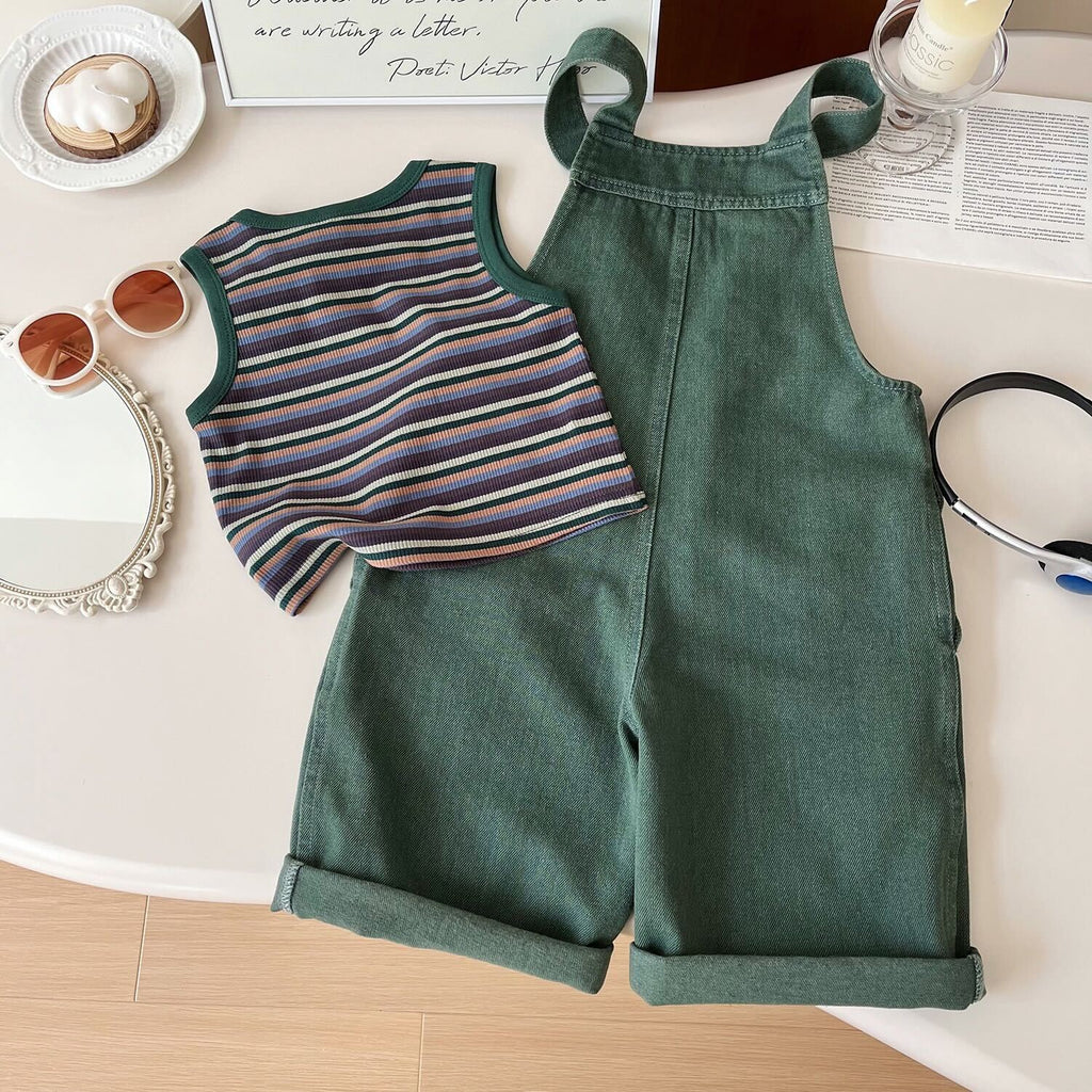 Striped sleeveless tee and denim pocket dungaree set