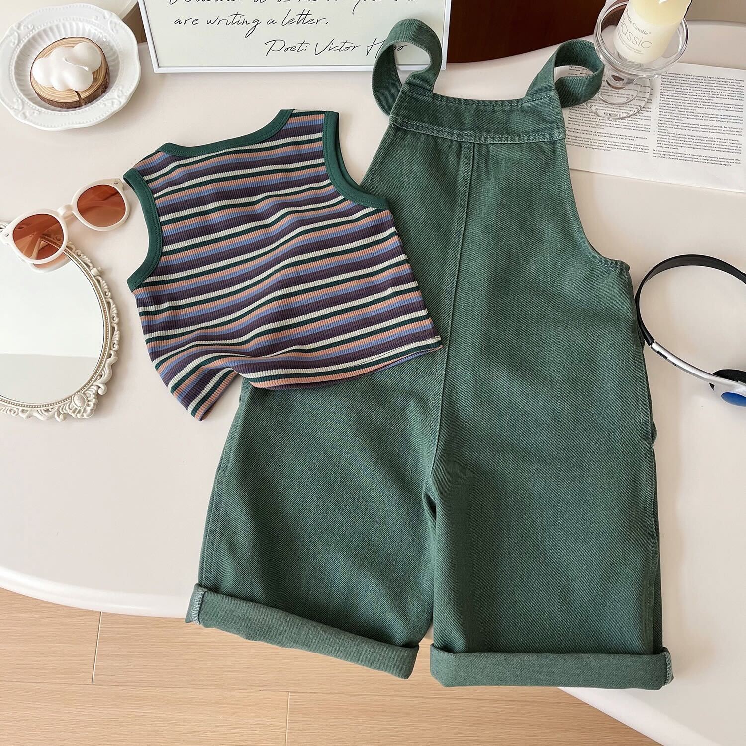Striped sleeveless tee and denim pocket dungaree set
