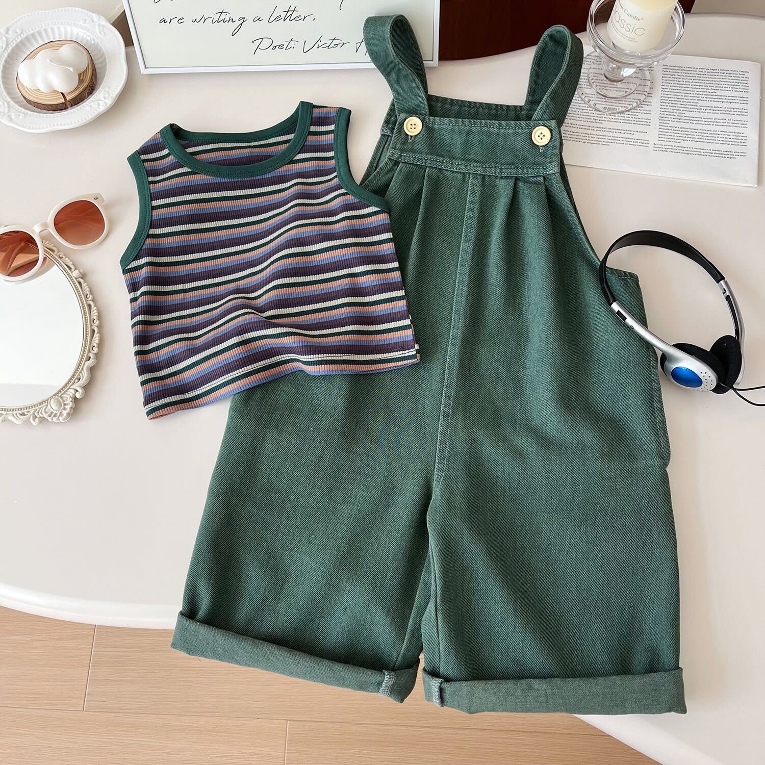 Striped sleeveless tee and denim pocket dungaree set
