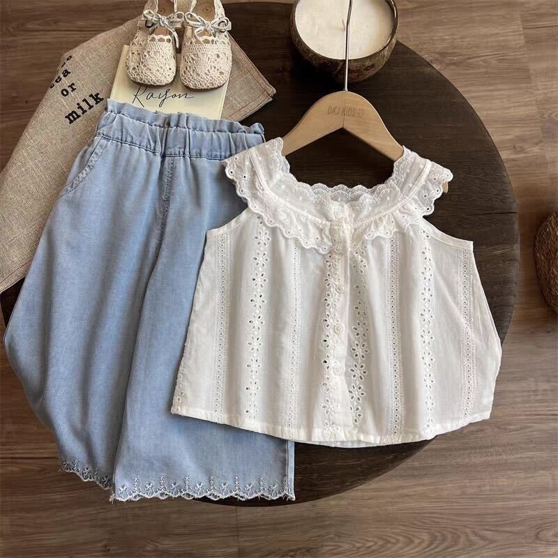Eyelet top and denim set