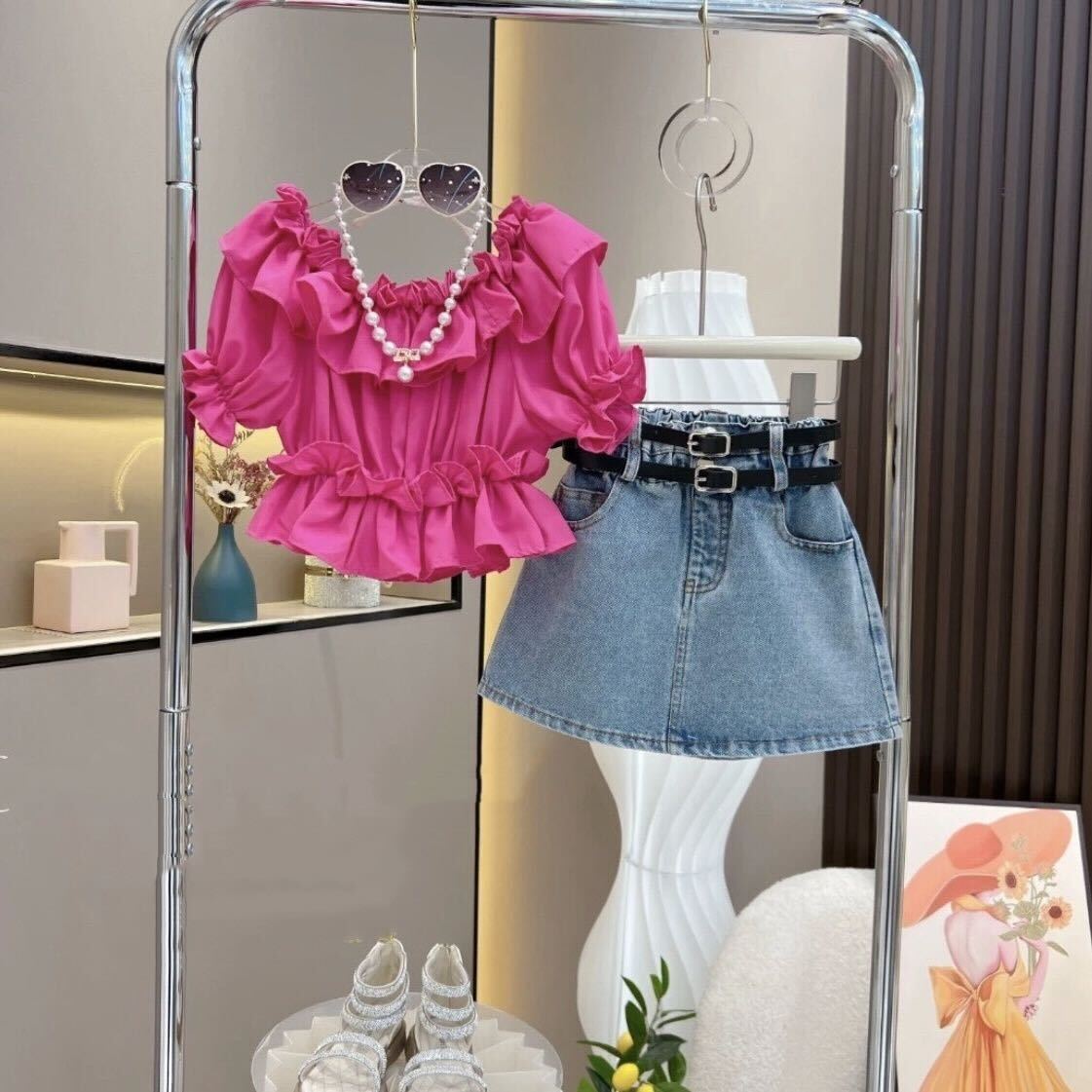 Frill top and denim skirt set