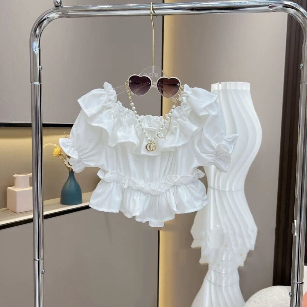 Frill top and denim skirt set