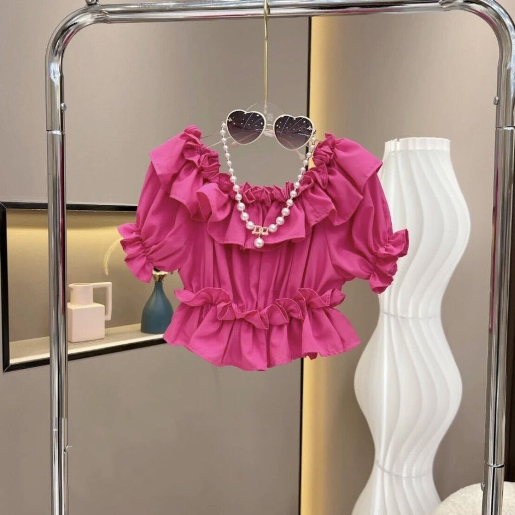 Frill top and denim skirt set