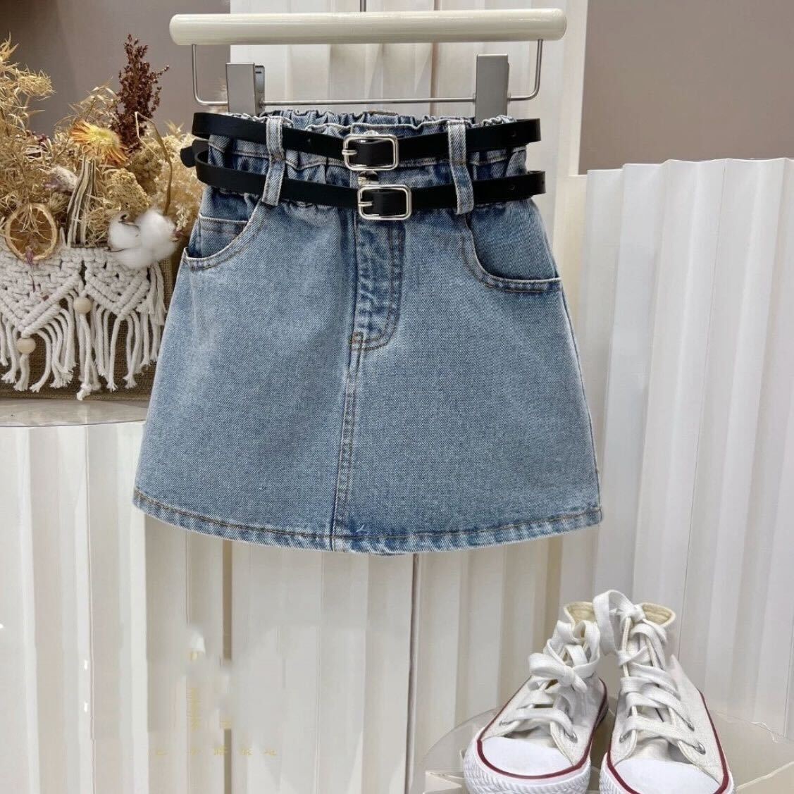Frill top and denim skirt set