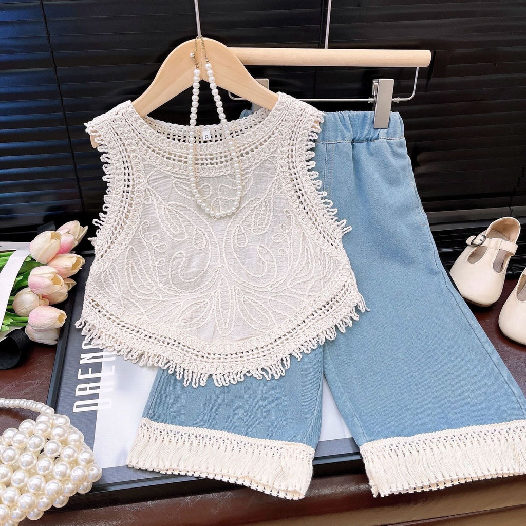 Lace embroidered top and denim set