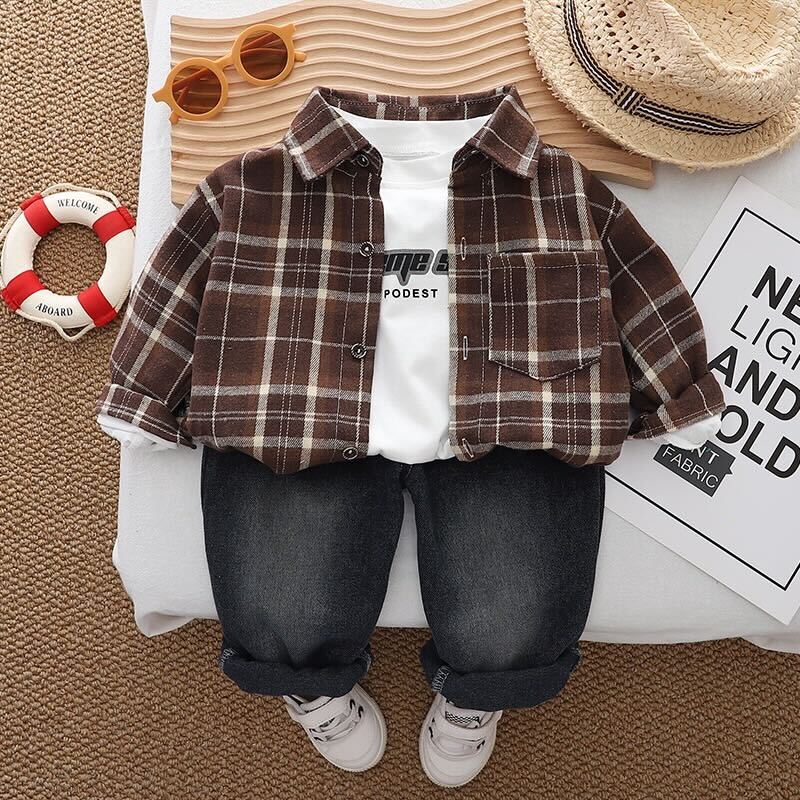 Checks shirt with full sleeves tshirt and denim pants set