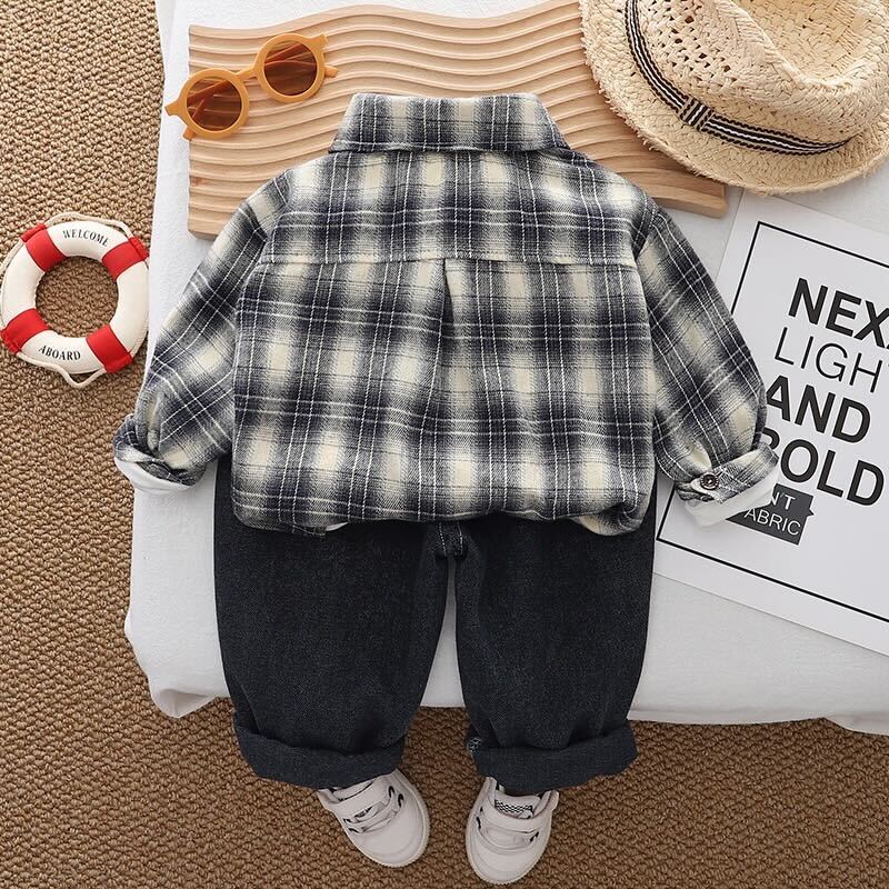 Checks shirt with full sleeves tshirt and denim pants set