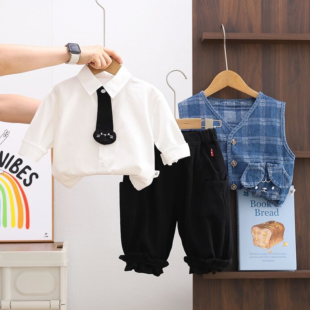 Shirt with tie and pants and denim cardigan set