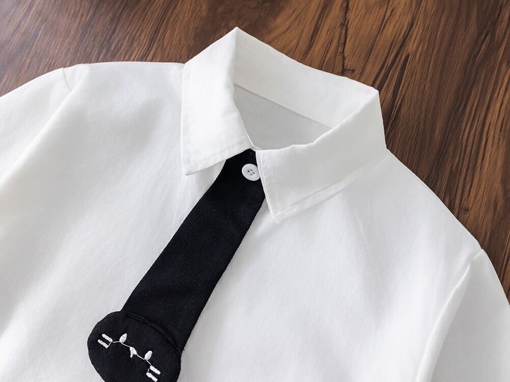 Shirt with tie and pants and denim cardigan set