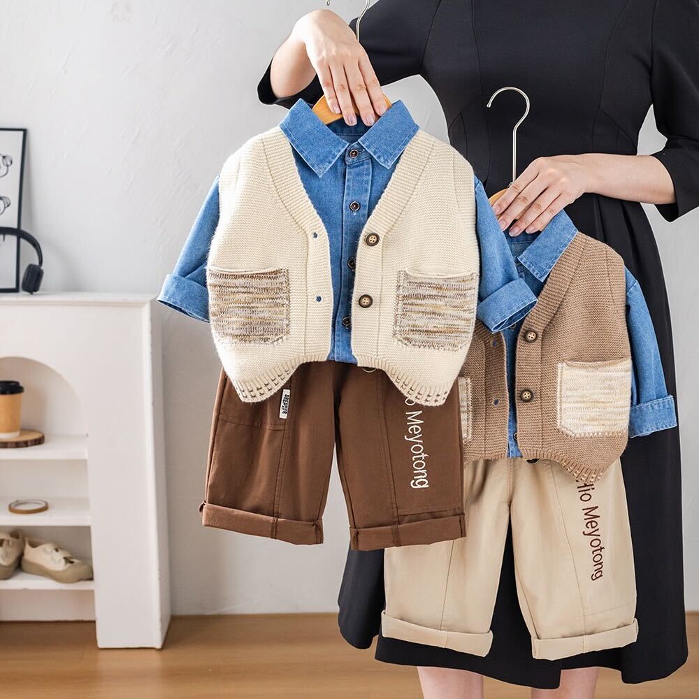 Denim shirt and pants with cardigan