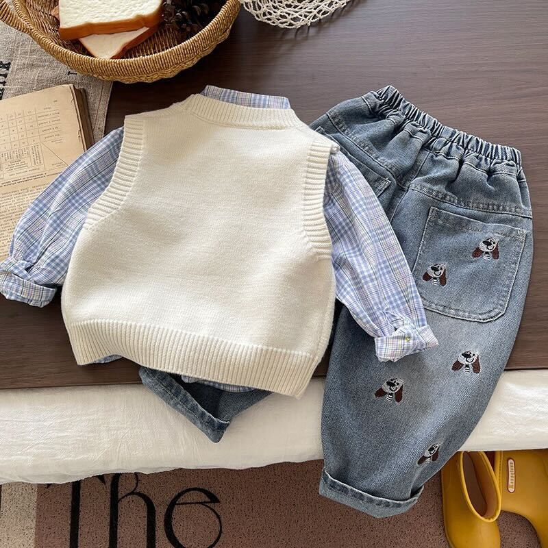 Embroidered sweater shirt and denim 3 piece set