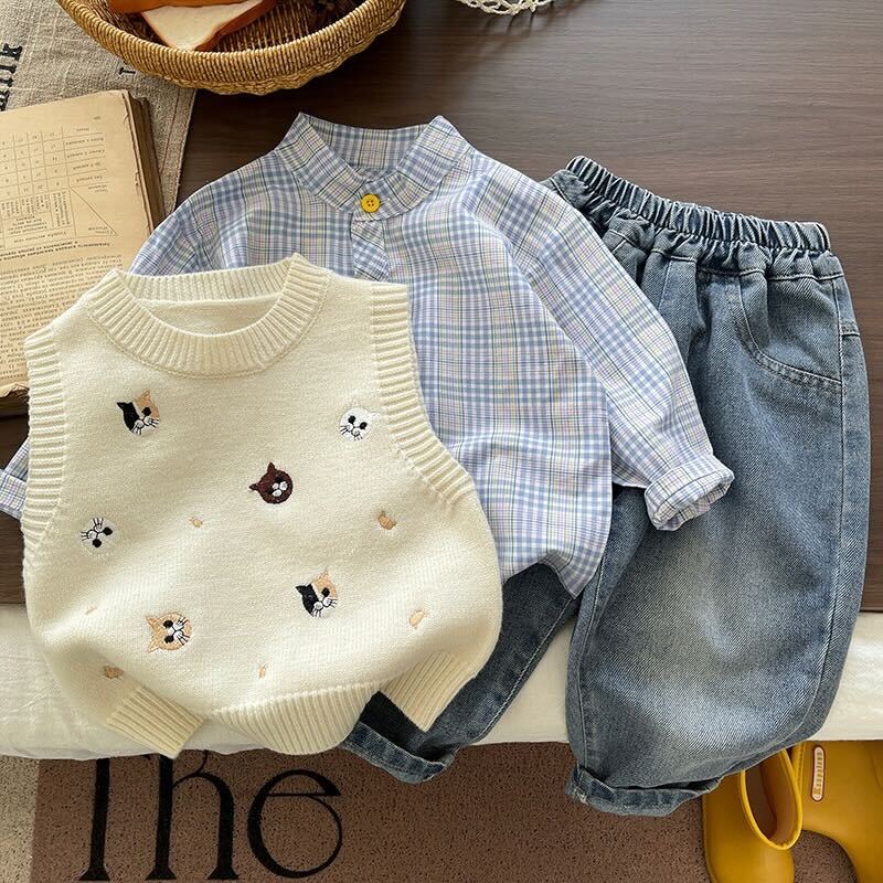 Embroidered sweater shirt and denim 3 piece set