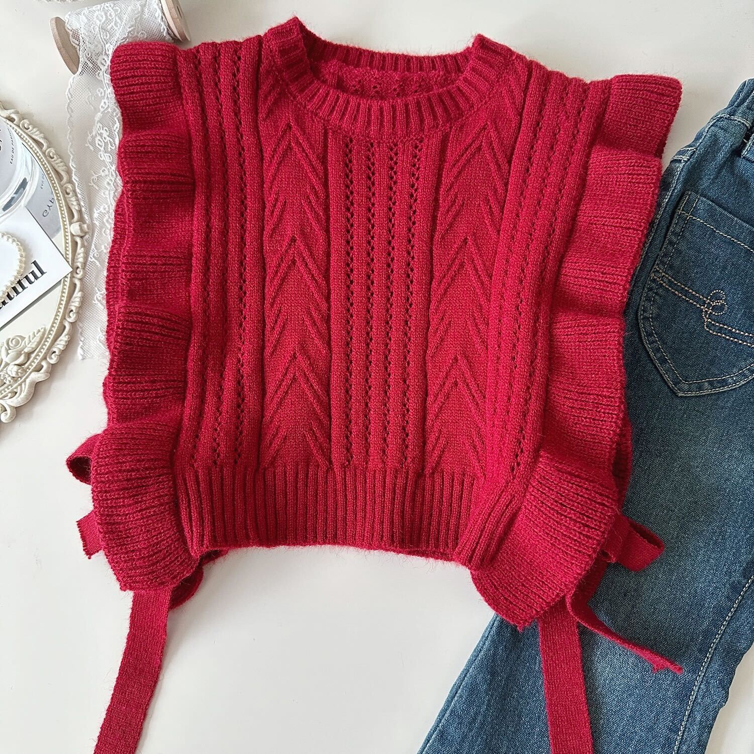 Sleeveless sweater shirt and denim premium set