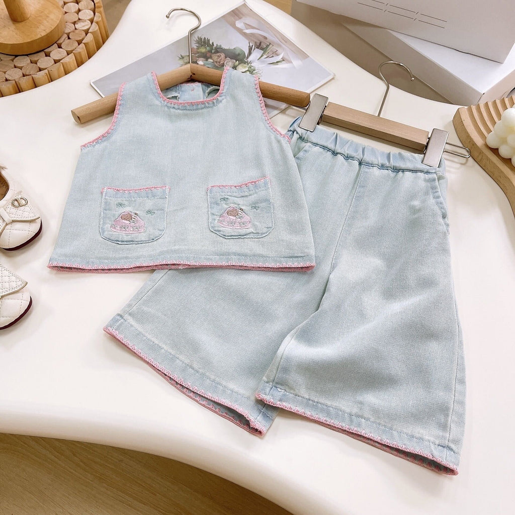 Light blue denim embroidered set