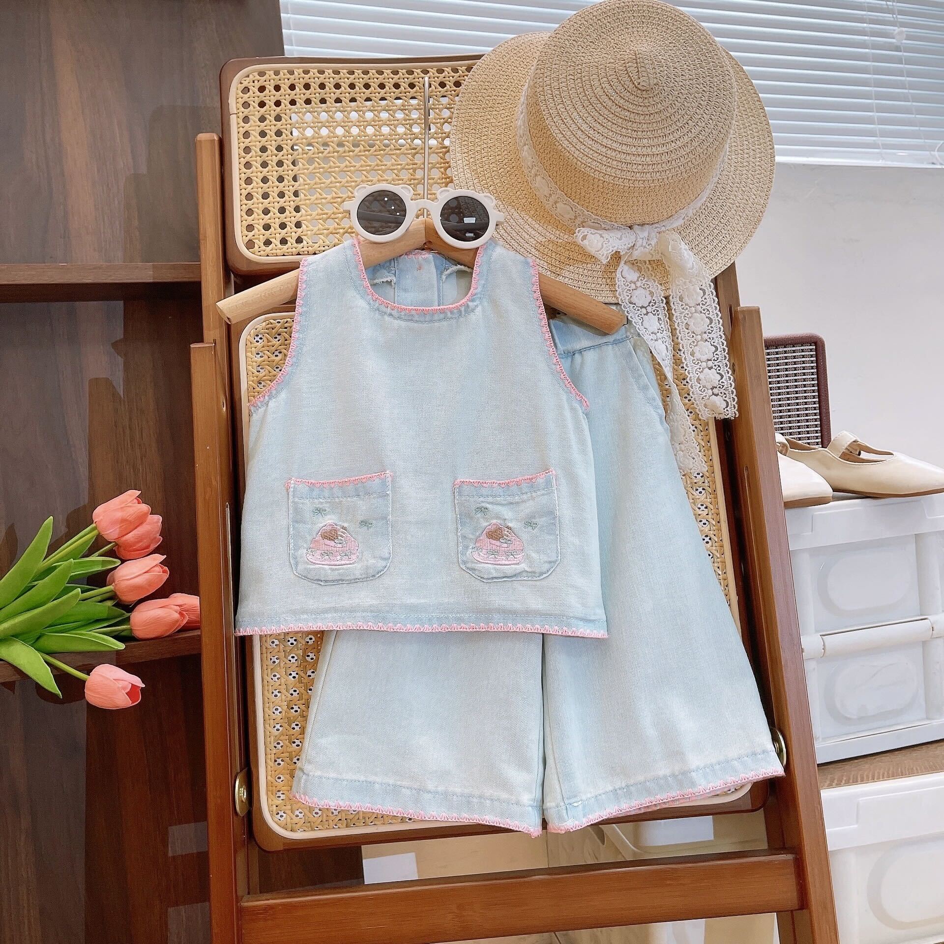 Light blue denim embroidered set