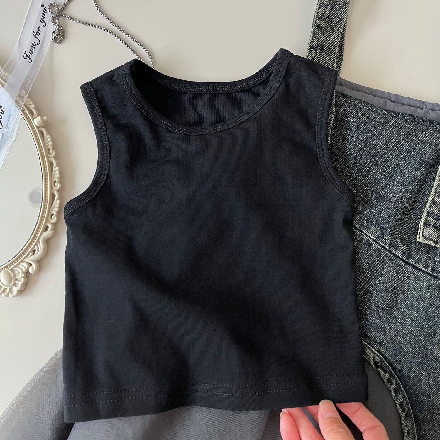 Denim dungaree skirt with t-shirt