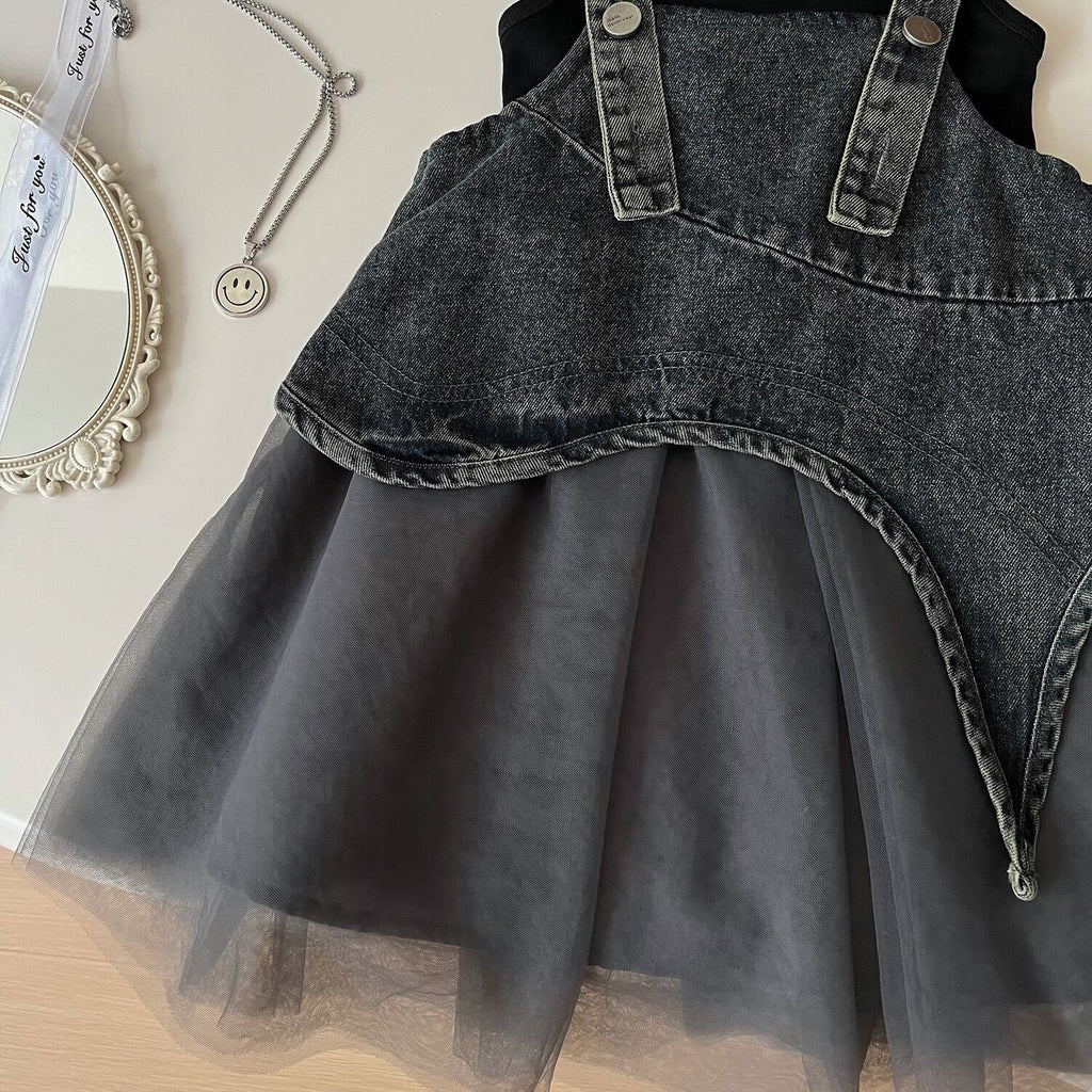 Denim dungaree skirt with t-shirt