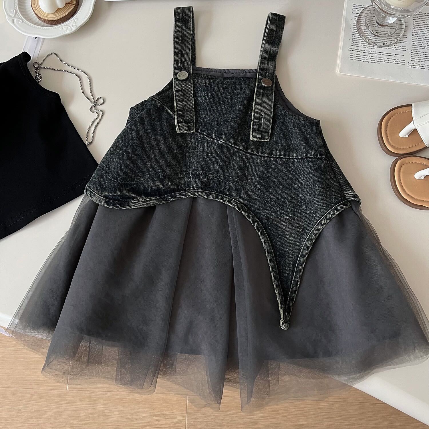 Denim dungaree skirt with t-shirt