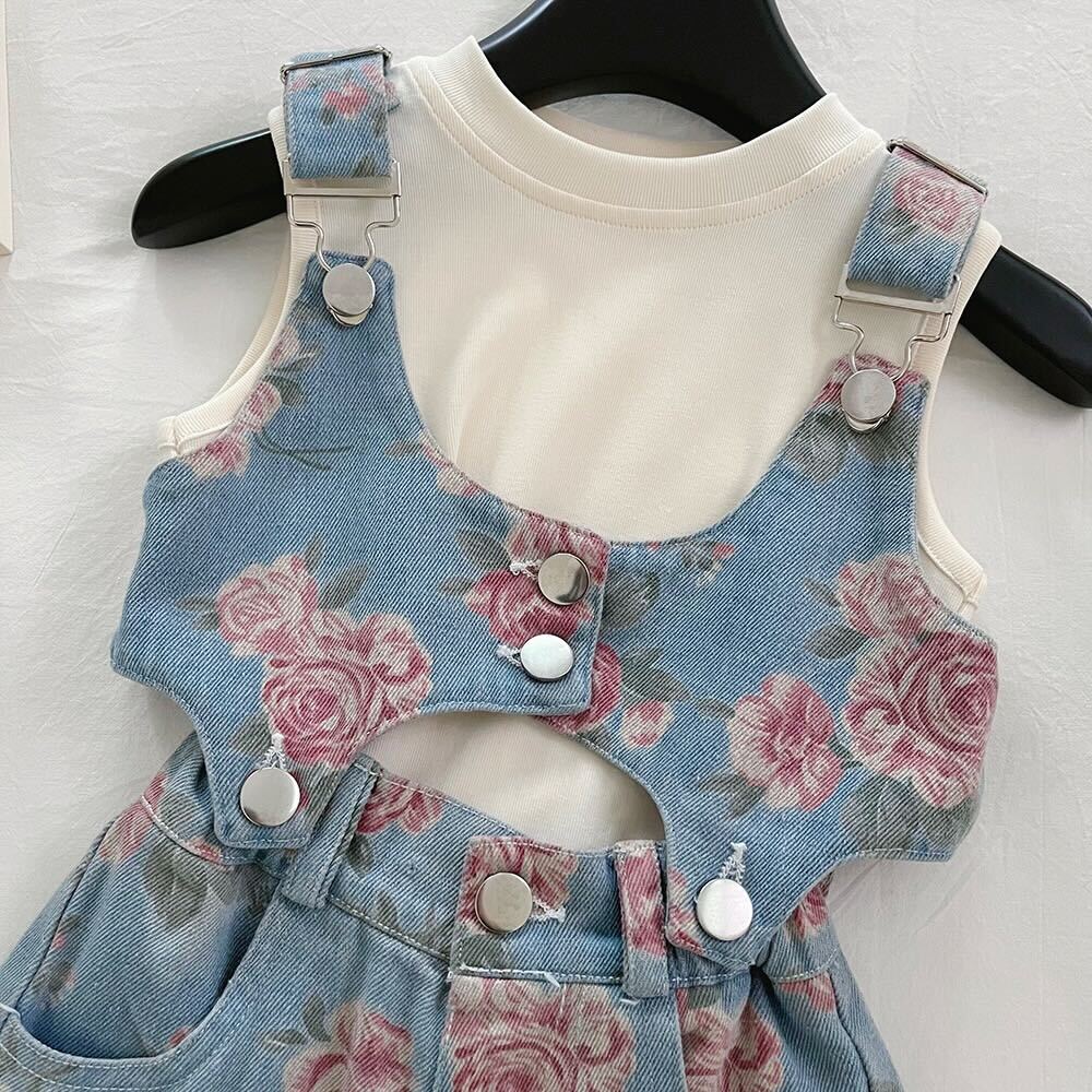 Floral denim overall set