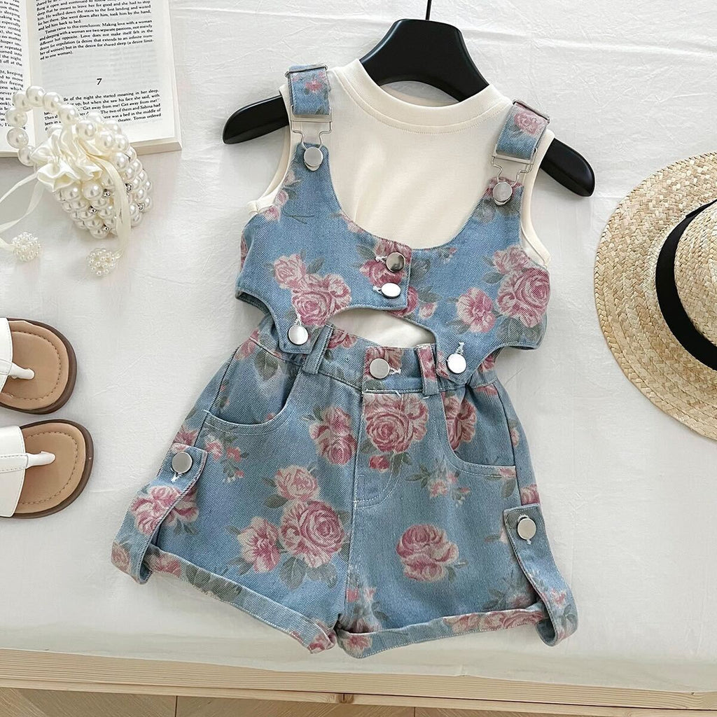Floral denim overall set