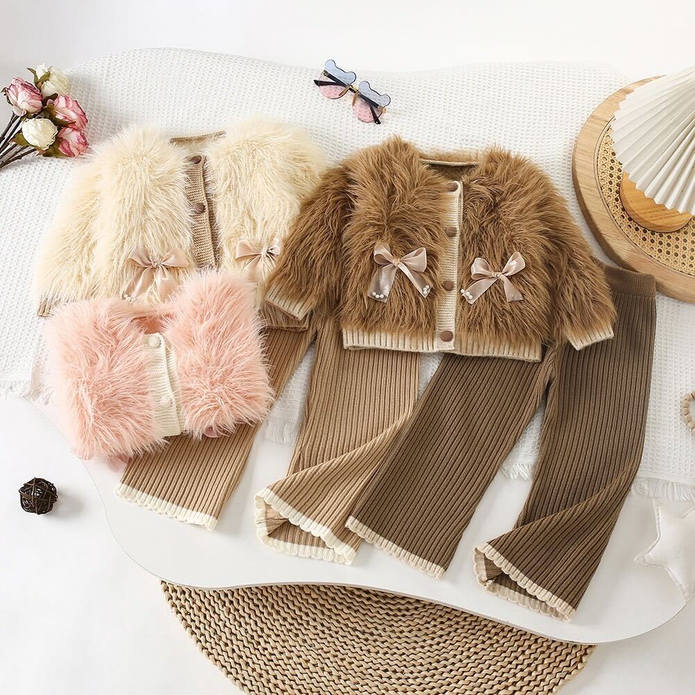 Fur jacket top and pant winter set