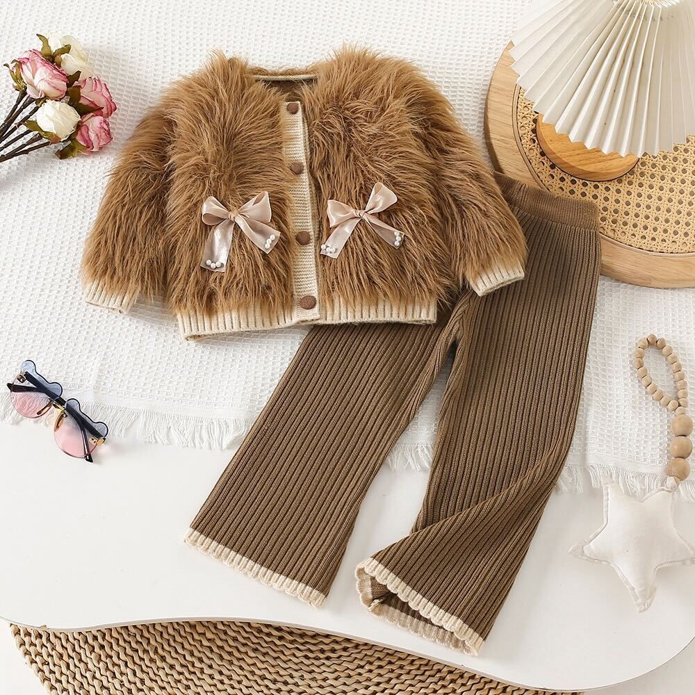 Fur jacket top and pant winter set